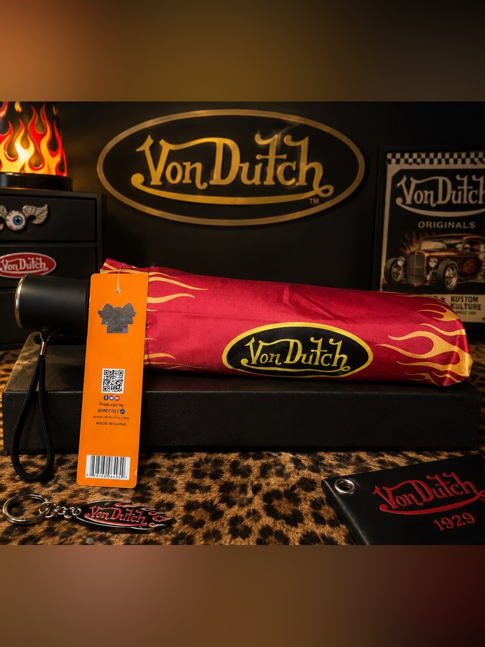 Von Dutch Red Umbrella with Yellow Flame Motif